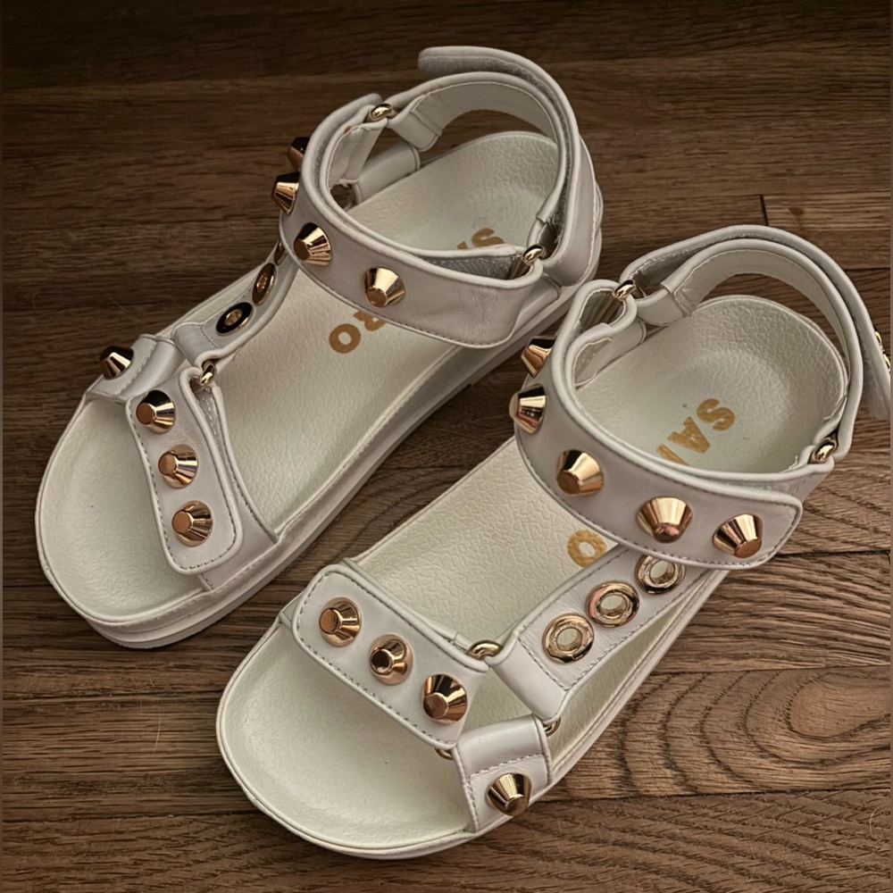 NIB Sandro Elympia Embellished Studded Leather Sandals Ecru White EU 36 Designer - Picture 11 of 13